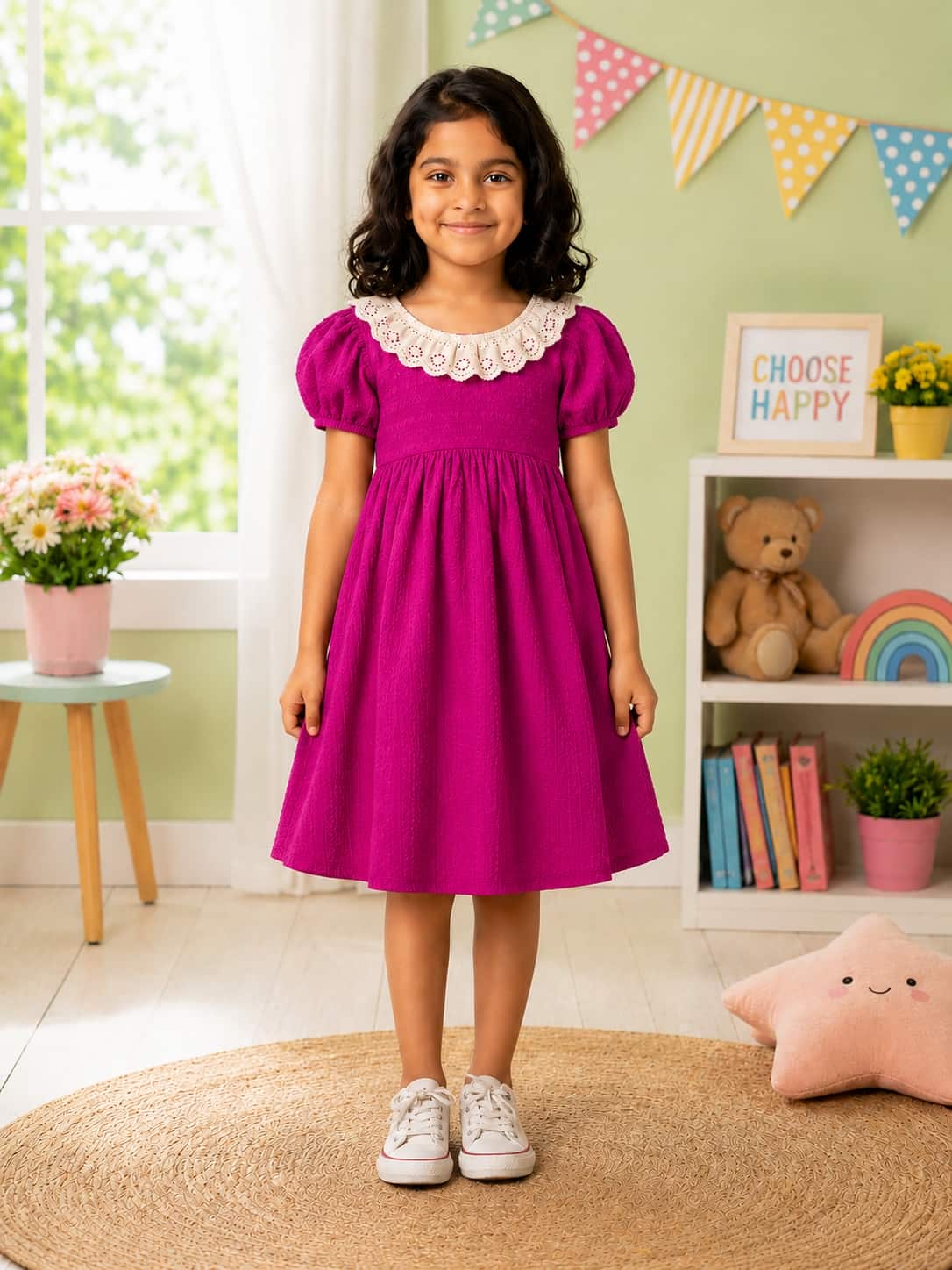 Puff Sleeve A-Line Dress with an Embroidered Lace Collar