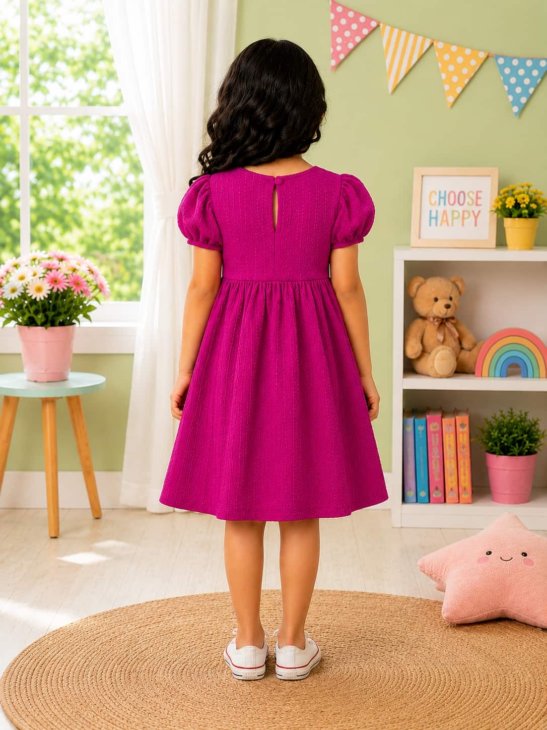 Puff Sleeve A-Line Dress with an Embroidered Lace Collar
