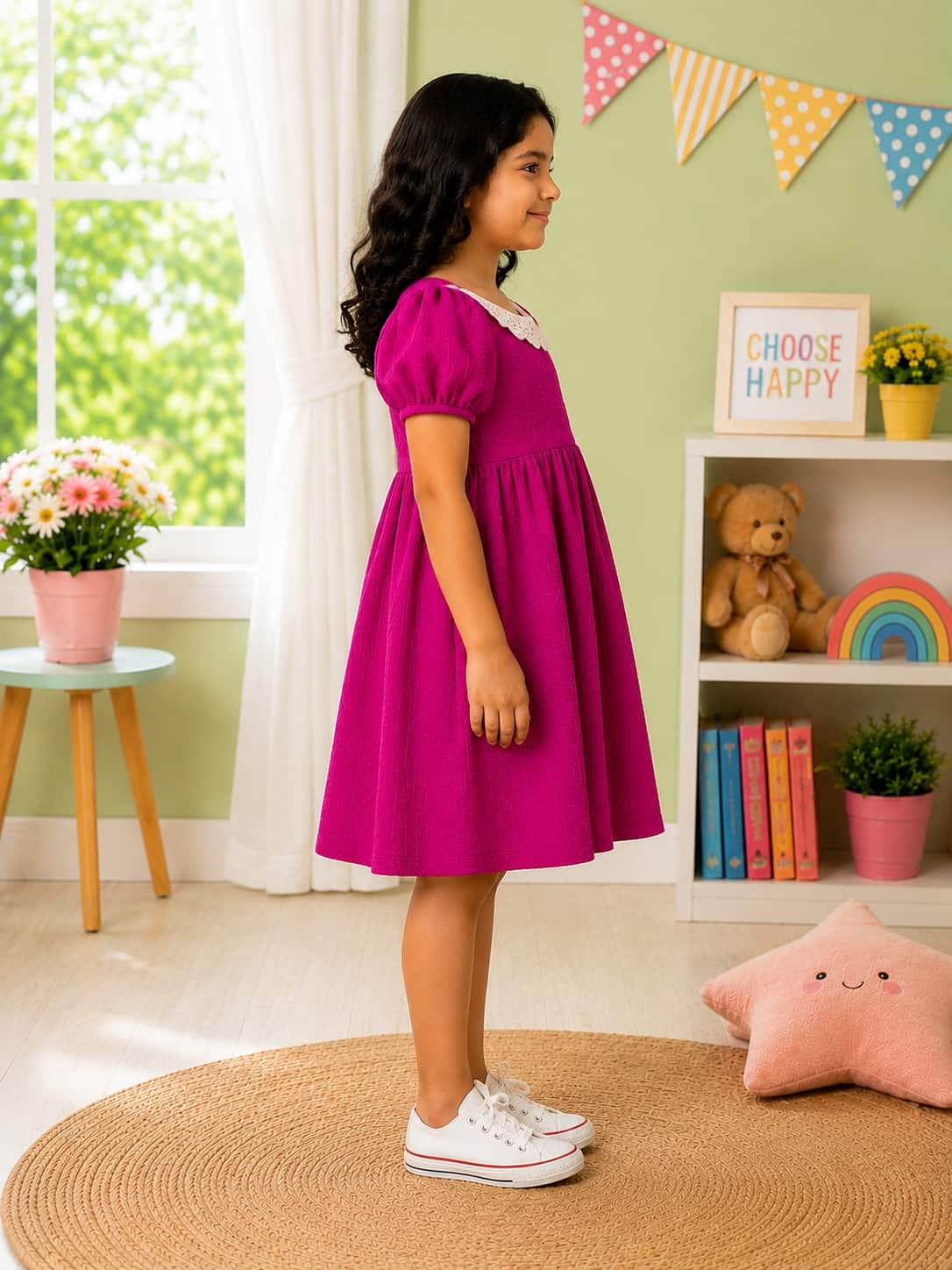 Puff Sleeve A-Line Dress with an Embroidered Lace Collar