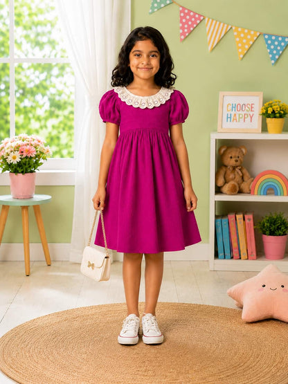 Puff Sleeve A-Line Dress with an Embroidered Lace Collar