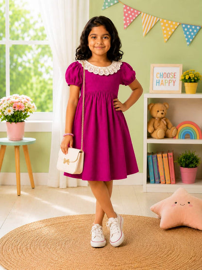Puff Sleeve A-Line Dress with an Embroidered Lace Collar