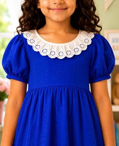 Puff Sleeve A-Line Dress with an Embroidered Lace Collar