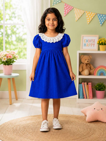 Puff Sleeve A-Line Dress with an Embroidered Lace Collar