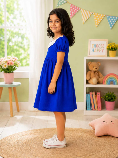 Puff Sleeve A-Line Dress with an Embroidered Lace Collar