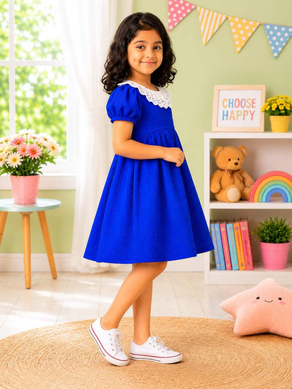 Puff Sleeve A-Line Dress with an Embroidered Lace Collar