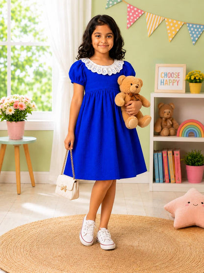 Puff Sleeve A-Line Dress with an Embroidered Lace Collar