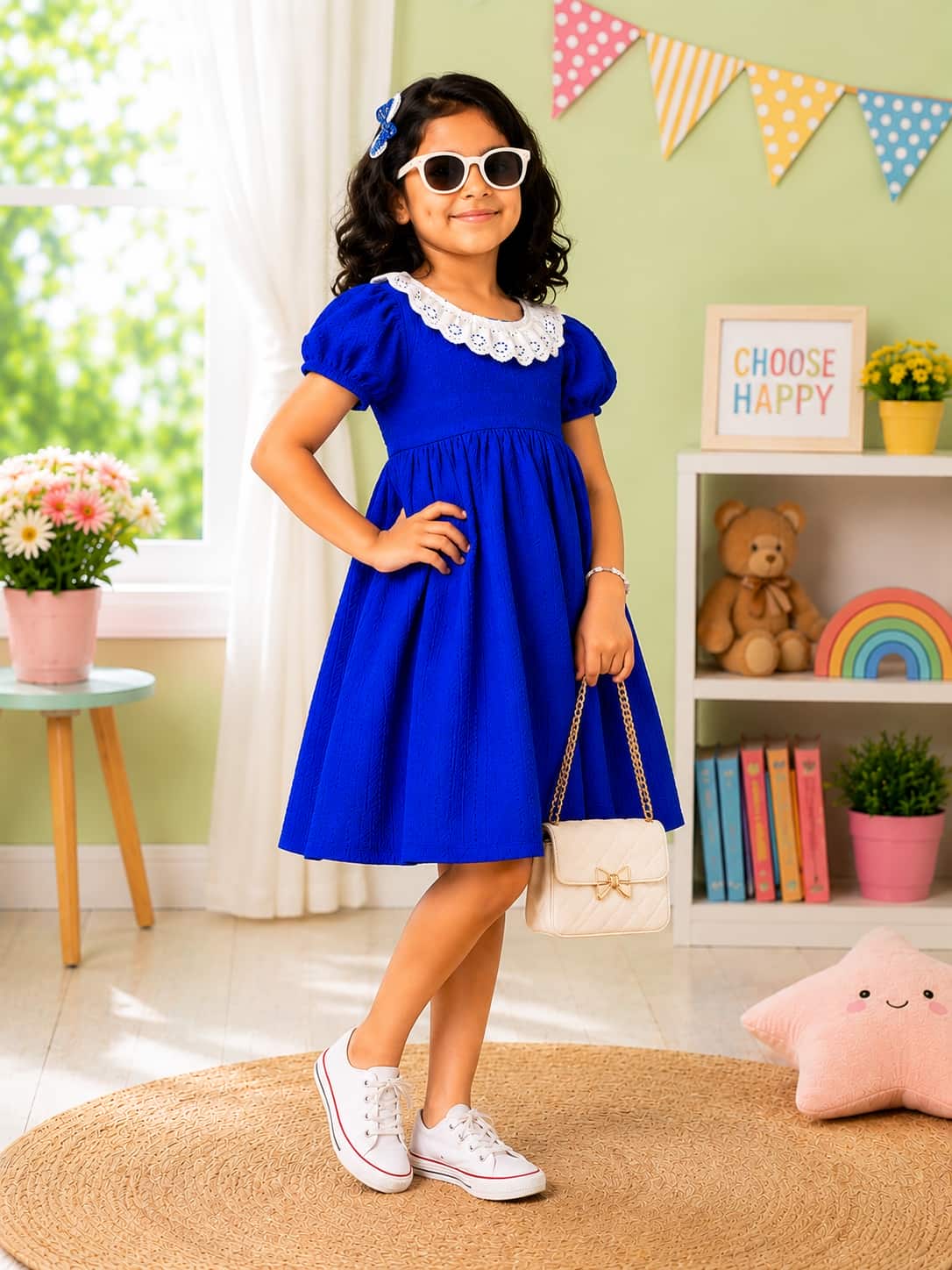 Puff Sleeve A-Line Dress with an Embroidered Lace Collar