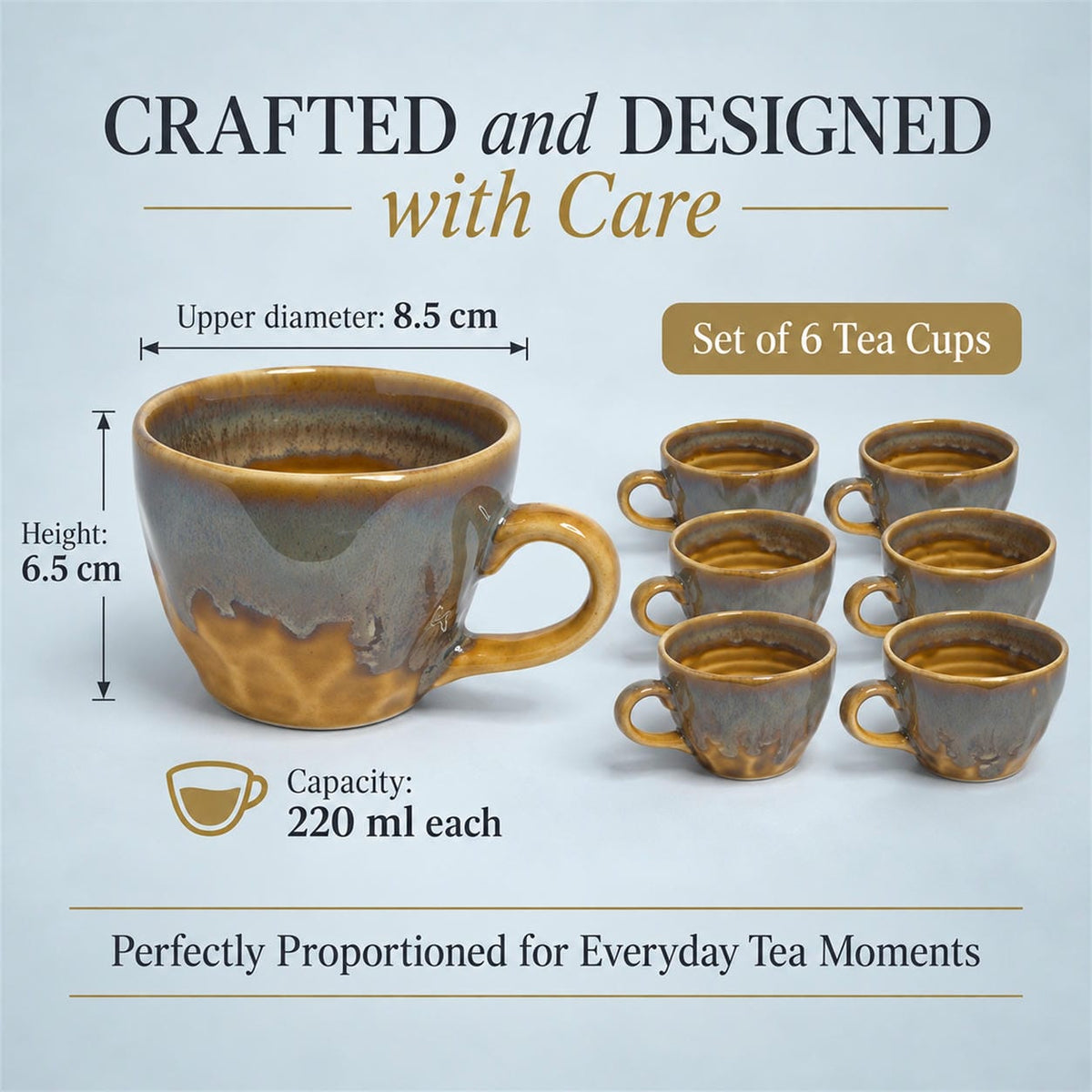 Coffee Mugs Set of 6 | Brown Golden | 220 ml