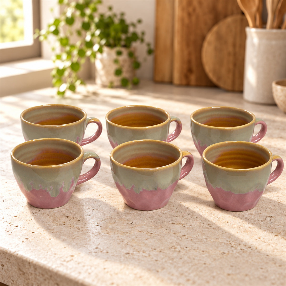 Coffee Mugs Set of 6 | Pink - Brown | 220 ml