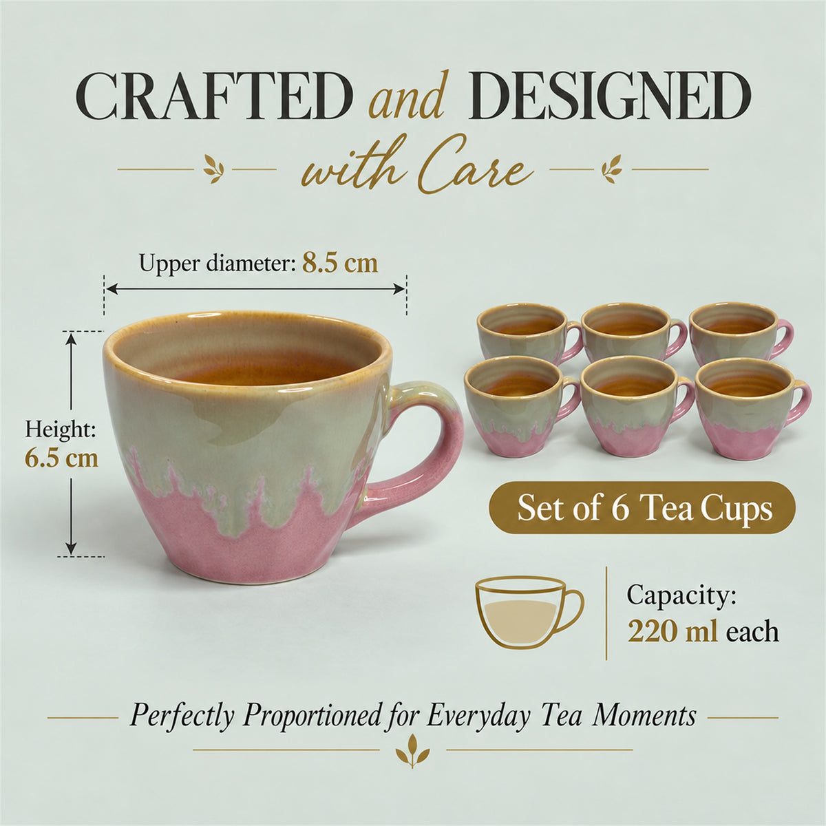 Coffee Mugs Set of 6 | Pink - Brown | 220 ml